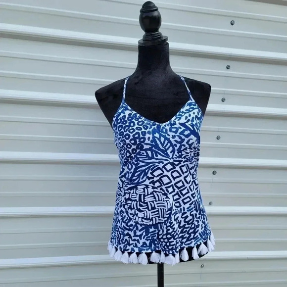 Lilly Pulitzer Nya Tank Blue White Racerback Crochet Lace Stretch Pom Trim XXS - Picture 10 of 13
